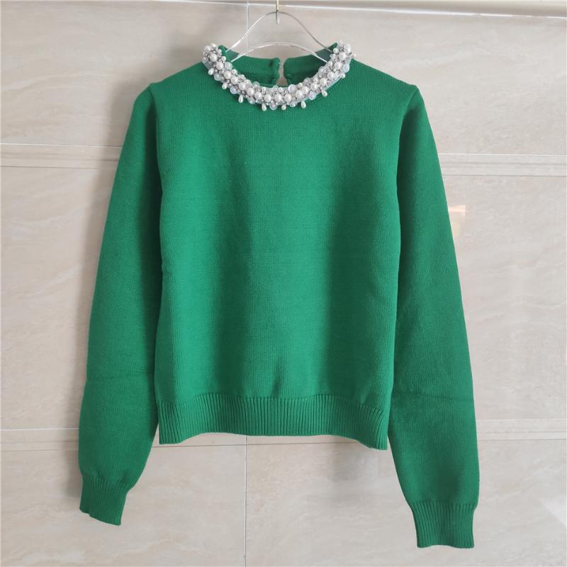 

Women' Sweaters 2021 Autumn And Winter Products Short Fashion Heavy Industry Beaded Imitation Pearl Round Neck Knitted Sweater, Green
