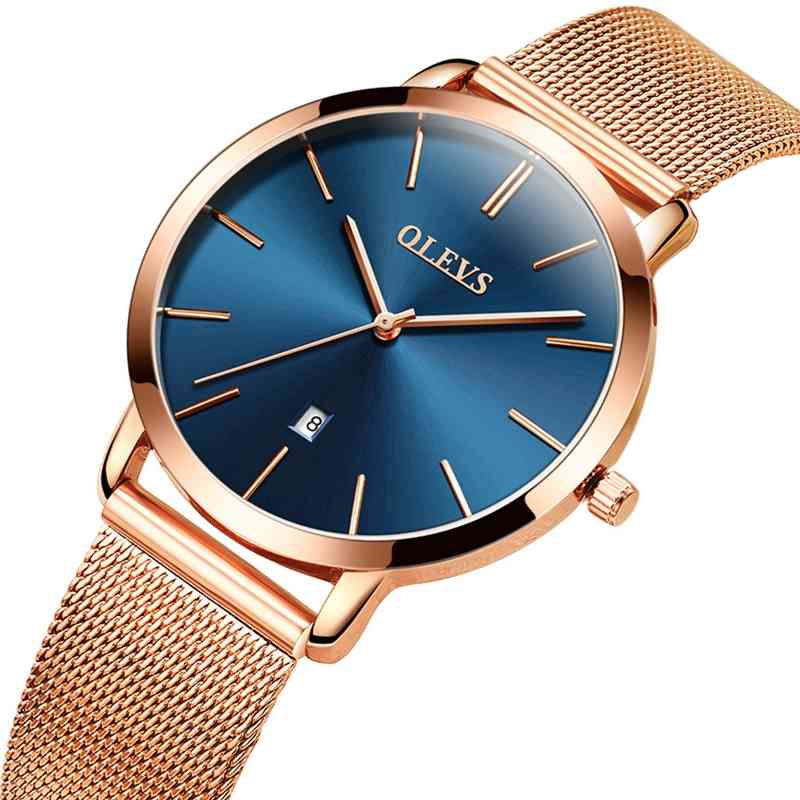 

OLEVS 5869 Ultra Thin Watch For Women Waterproof Quartz Wrist Watch Stainls Steel With Date Calendar Ladi Clock, Black blue