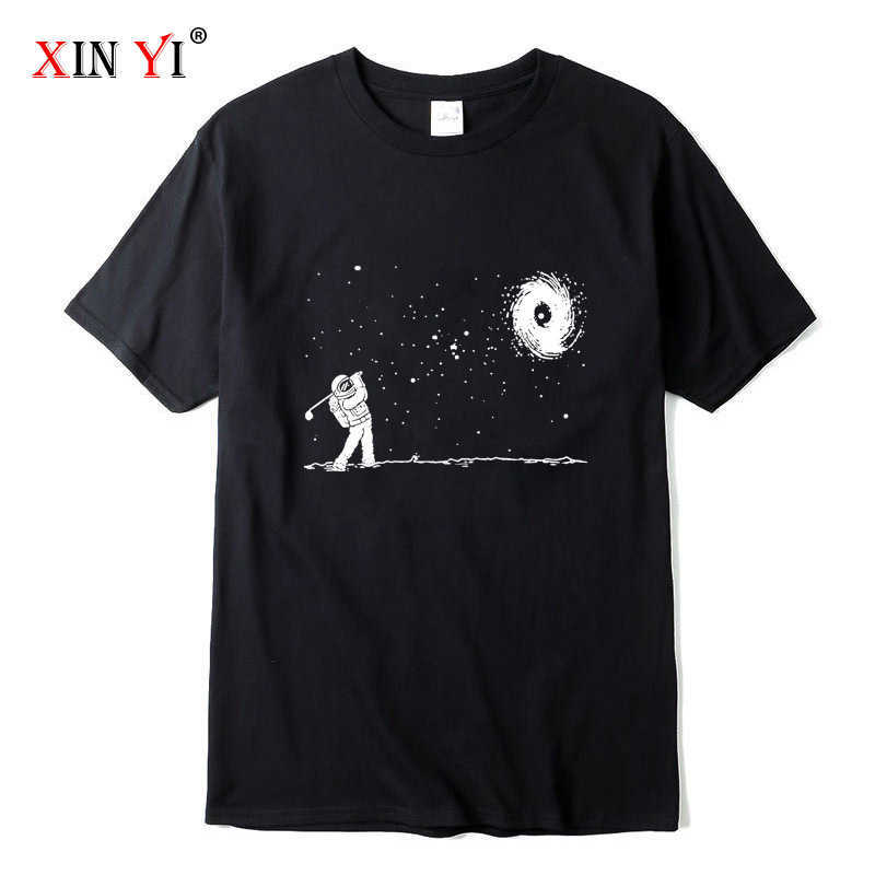 

XIN YI Men's High Quality 100% cotton Funny astronaut print t shirt loose o-neck men tshirt short sleeve t-shirt male tee tops 210629, Black