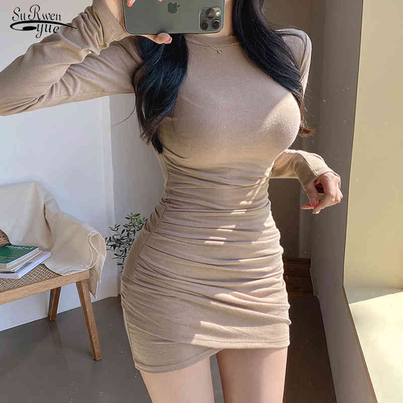 

Long Sleeve Bottoming Dress Korean Knitted Pleated Above Knee Skinny Sheath High Waist es Female Fall Vestidos 12580 210521, Khaki