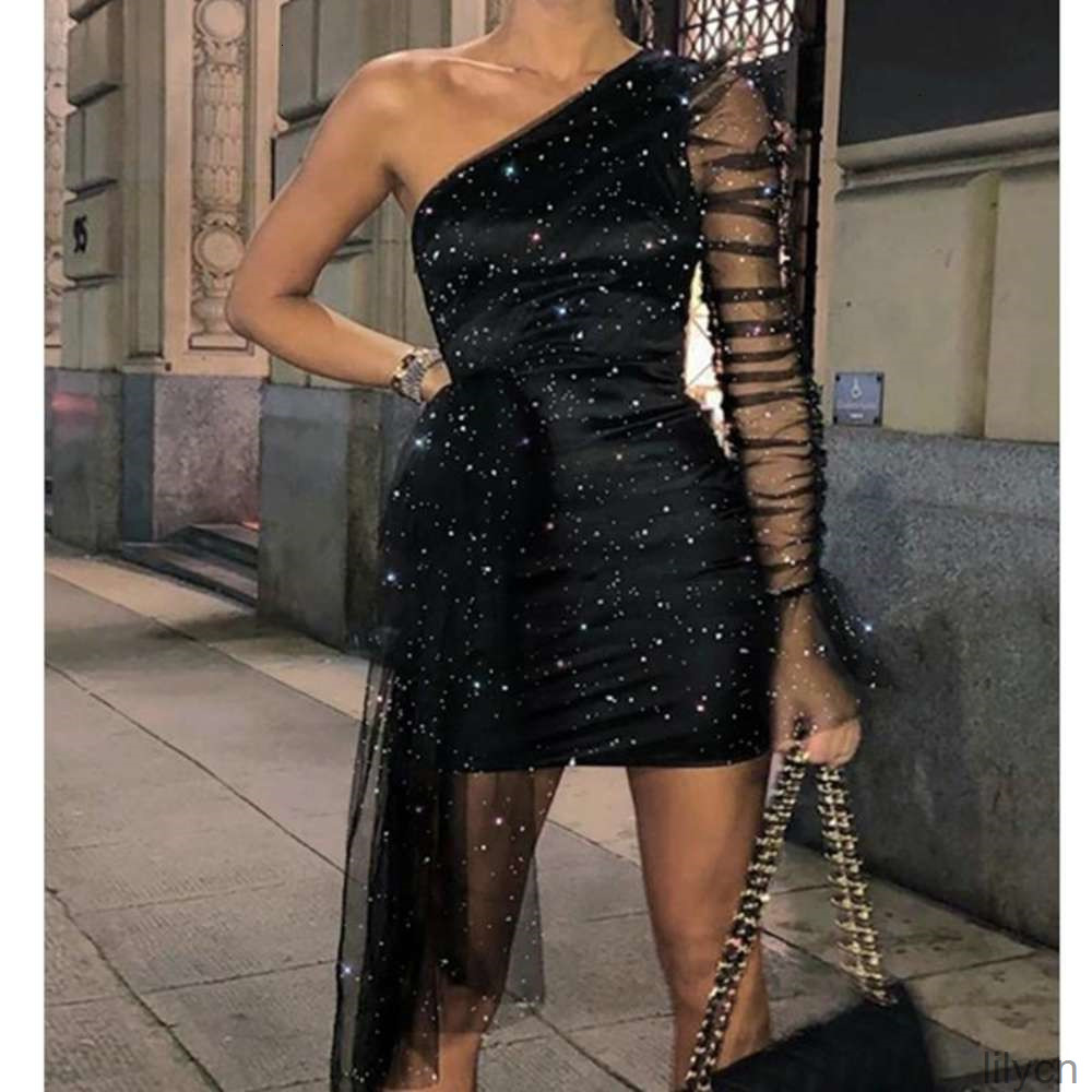 

Dress One Shoulder Glitter Dresses Sexy Asymmetrical Sheer Mesh Gauze Lace Long Sleeve Party Night Club Black Mini, As pic