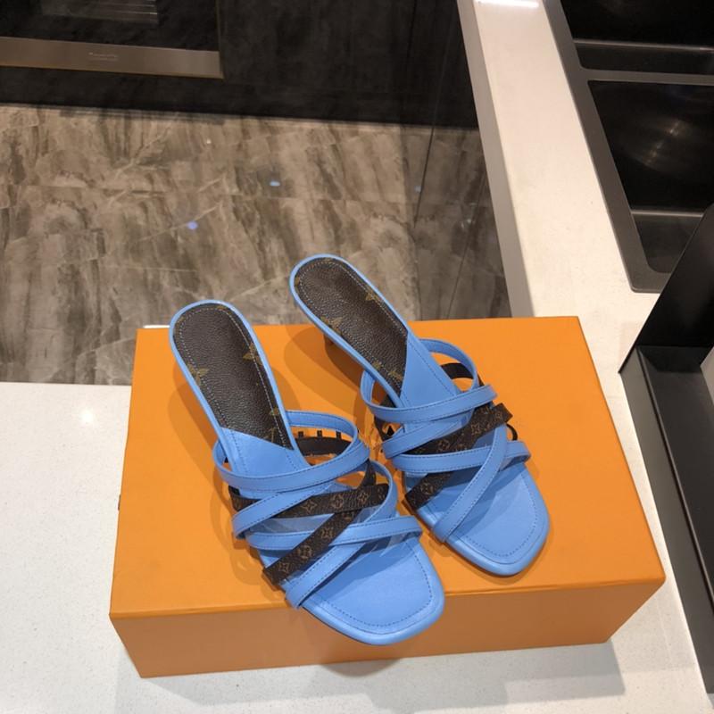 

2021 latest designer lambskin women's slippers sandals 5.5cm high heel exquisite craft square head design luxurious comfortable 35-42, Black