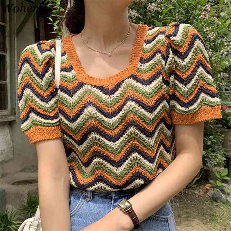 

Women T Shirts Vintage Wave Stripe Contrast Color Square Collar Knit Tees Shirt Thin Sweater Short Sleeve Pullover Tops 210519, Photo color