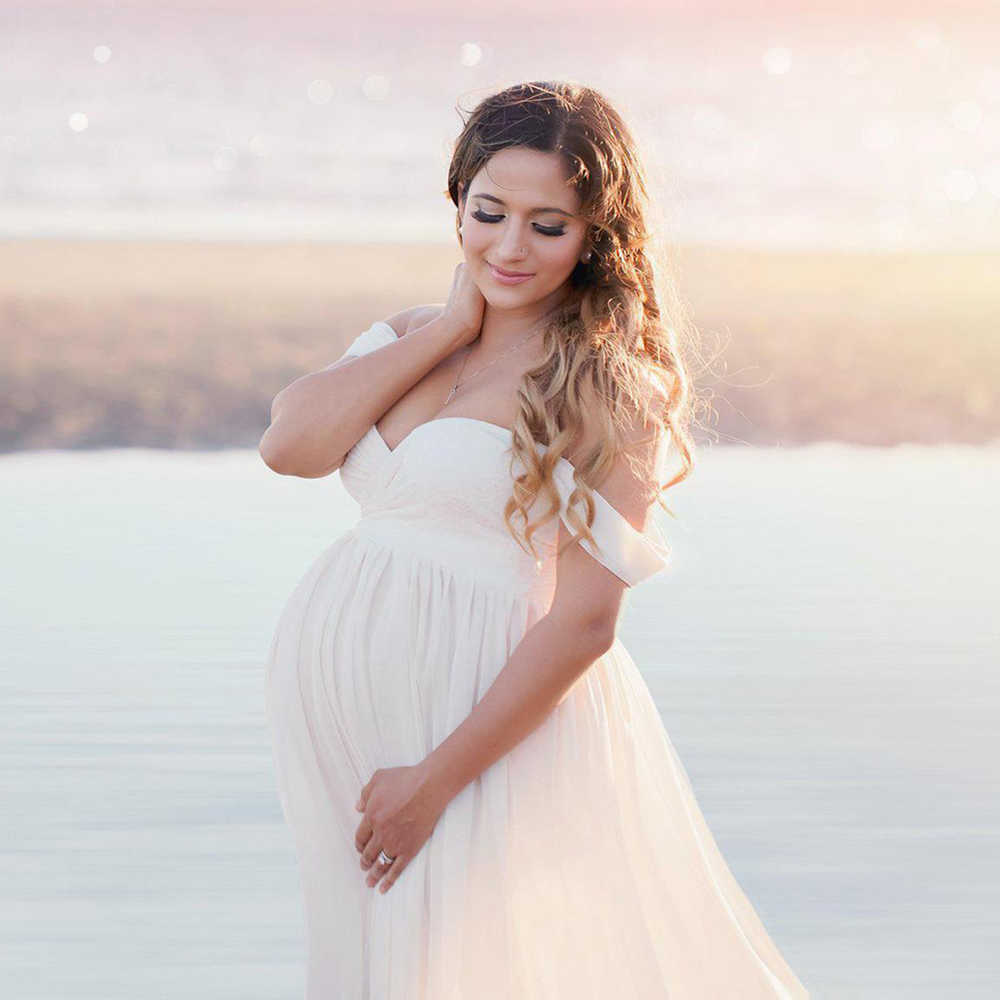 

Maternity Off Shoulder Chiffon Gown Photography Lace Split Front Maxi Dress for Photoshoot Dress Baby Shower Pregnancy Dress D30 Q0713, Purple