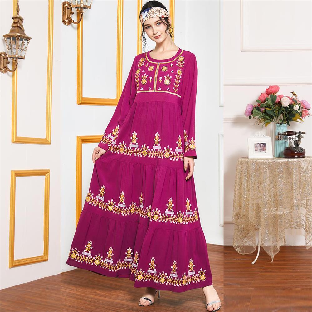 

Turkey Abaya Maxi Dresses for Women Elegant Ethnic Embroidery Multi-layer Pleated Swing Long Sleeve Muslim Arabic Dress Autumn