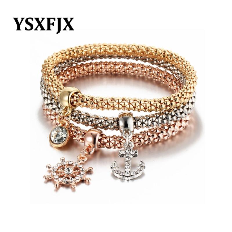 Charm Bracelets YSXFJX Fashion Retro Classic Bracelet Anchor Rudder Pendant Corn Chain Popcorn Three-color Female Jewelry-image-710819056