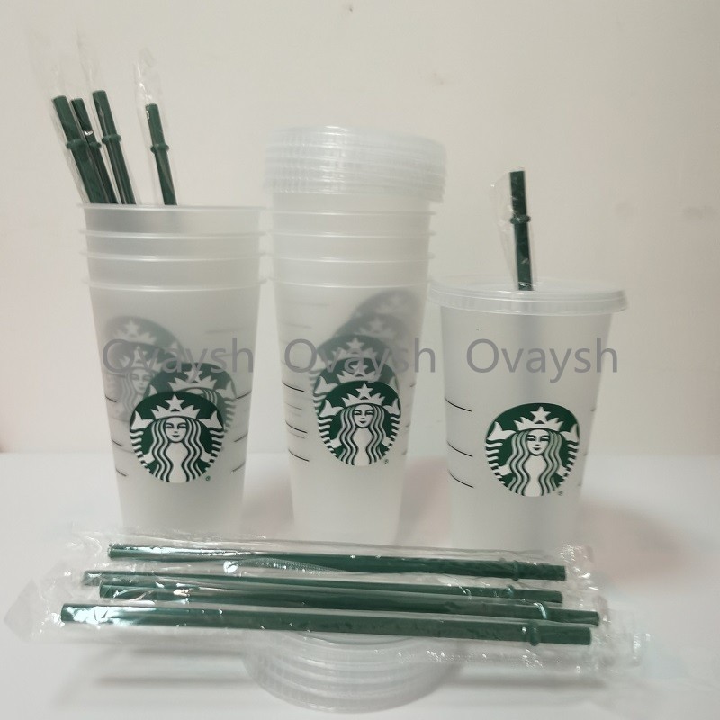 

500Pcs Starbucks 24OZ/710ml Plastic Tumbler Reusable Clear Drinking Flat Bottom Cup Pillar Shape Lid Straw Mug Bardian, Customize