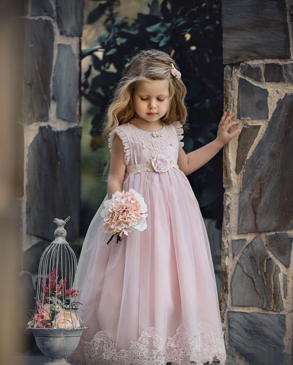 

Girl's Dresses Country Pink Lace Flower Girls Dress For Weddings With 3D Floral A Line Floor Length Formal Kids Wear Communion Party Vestido, Beige