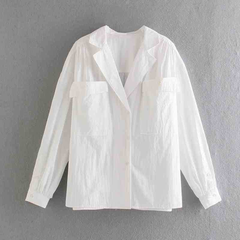 

Spring Women Blouse Casual Long Sleeve Pockets White Tops Lady Office Turn Down Collar Street Style Shirts 210525