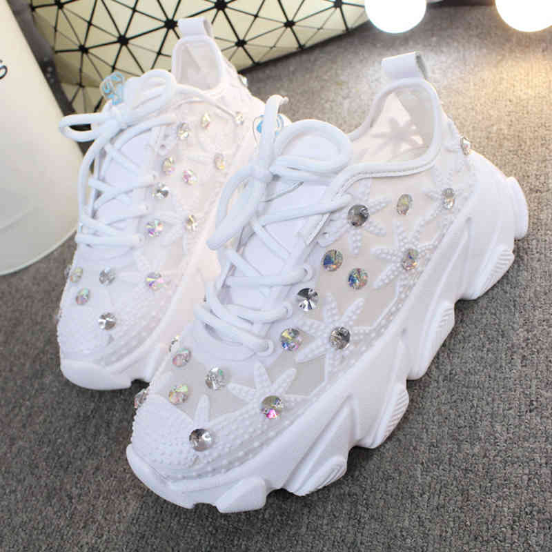 

Rhinestone Wedge Sneakers Women Trainers Dames Chunky Platform White Casual Shoes Woman chaussures femme 210322