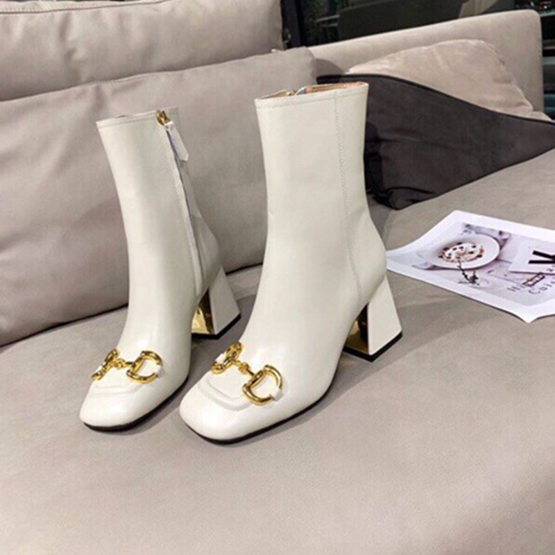 

Fashion women designer boots square toe side zipper 7.5cm chunky heels real leather metal buckle martin booties white black size 35-41, Wear stiker