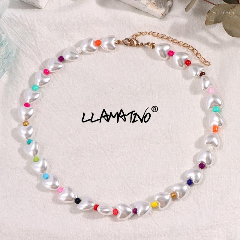 

Chains Fashion Simple Heart Rainbow Seed Beads Choker Necklaces For Women Girl Korean Sweet Beaded Clavicle Necklace Party Jewelry Gift