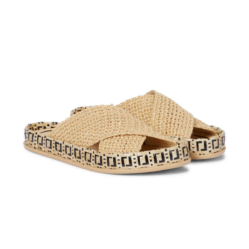 

Top quality Beige FF Braided raffia motif slide Sandals women slippers shoes flats sandal luxury designers slides high band slipper factory, Gift