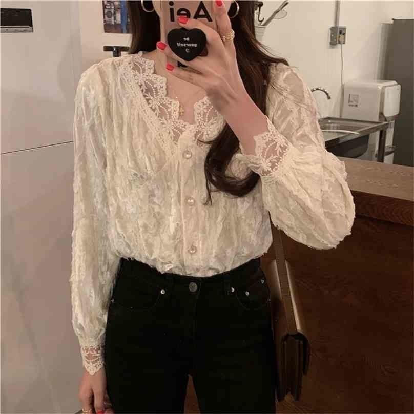 

Women Sweet Chic Lace Patchwork Blouse Solid Femme Gentle Shirts Office Lady Long Sleeves Retro Streetwear Tops 210525, Photo color