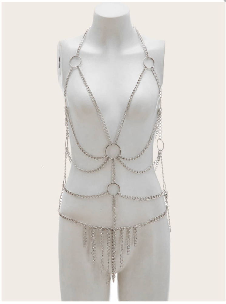 

New style fun underwear silver chain three-point hanging neck one-piece suit, Black;white