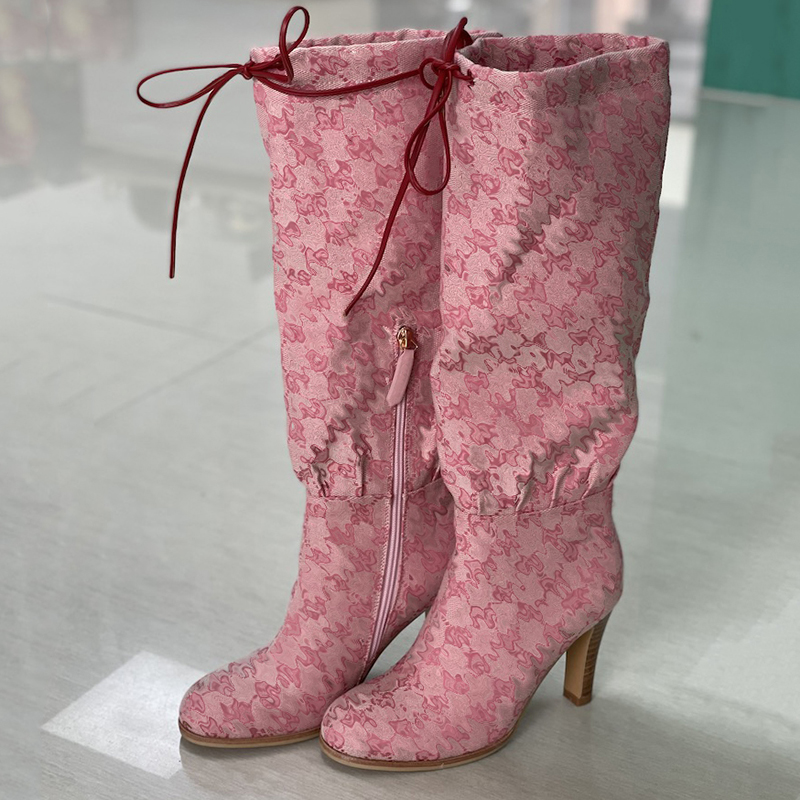 

Women Original Multicolor Knee-high Boots Interlocking Boot High Heel Top Quality Genuine Leather Beige Printed Laces Shoes With Box Size 35-43 NO335, Socks