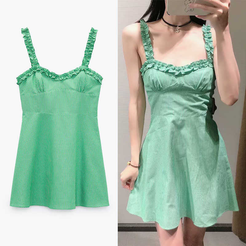 

ZA Green Striped Mini Summer Dress Women Pleated Straps Smocked Elastic Beach Dresses Fashion Side Zip Woman Ruffle Dress 210602