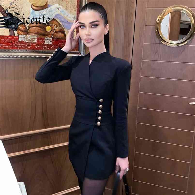 

Chic Button Design Long Sleeves Celebrity Party Club Black Blazer Dress 210520