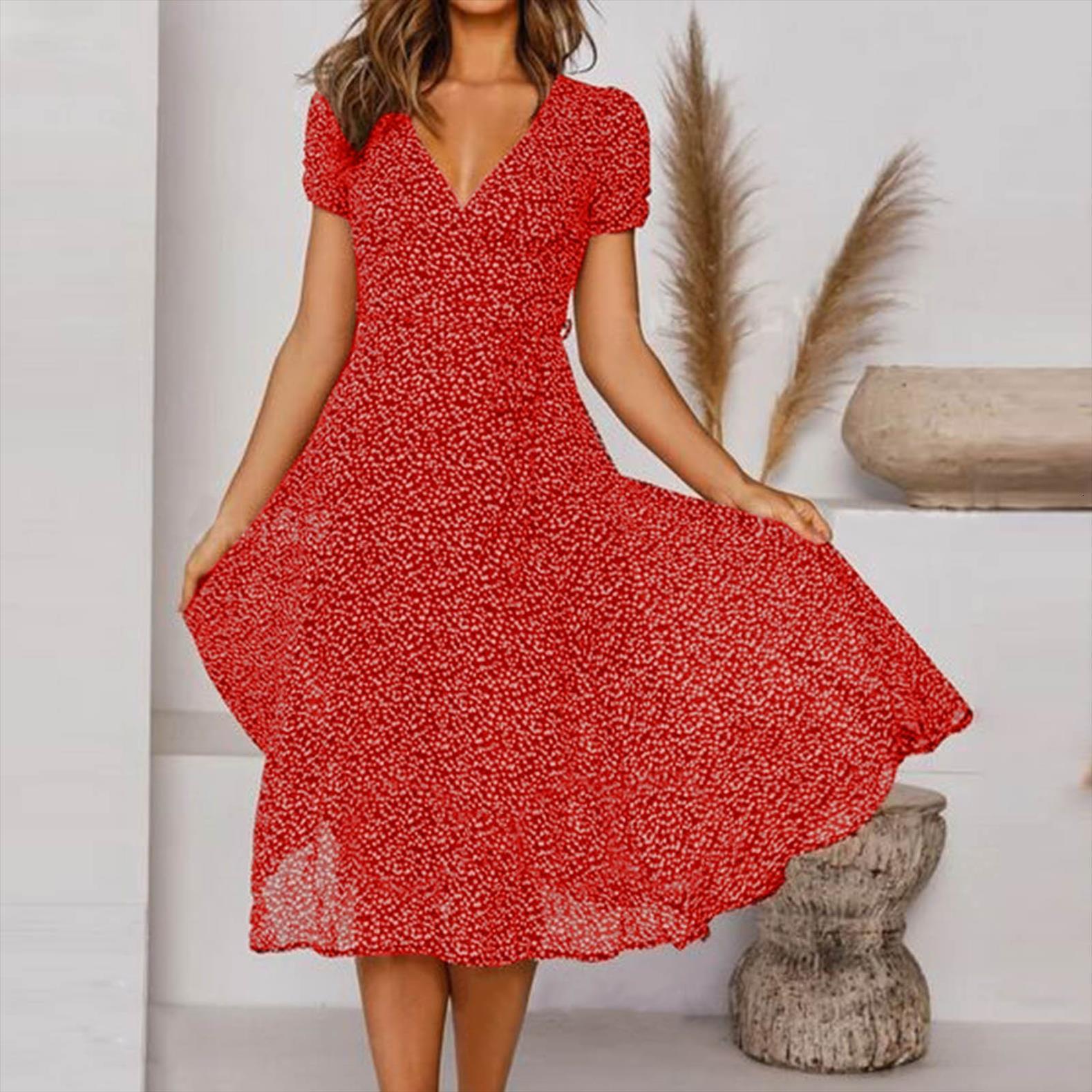 

dot printed summer casual womens dresses short sleeve v neck clothing traf robe femme, Black;gray