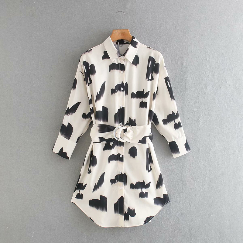 

Casual Turn Down Collar Vintage Floral Shirt Dress With Belt Women Long Sleeve Spring Elegant Office Lady NX9849 210525, White