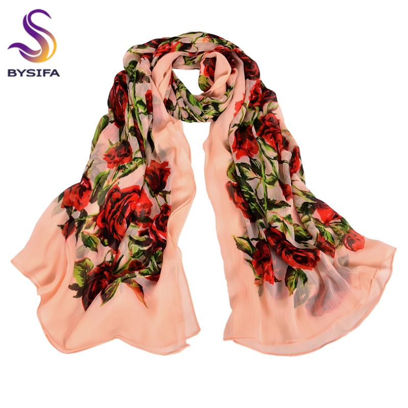 

Scarves [BYSIFA] Ladies Silk Scarf Shawl Spring Autumn Long Extended Roses Design Beach Cover-Ups Women 180*90cm