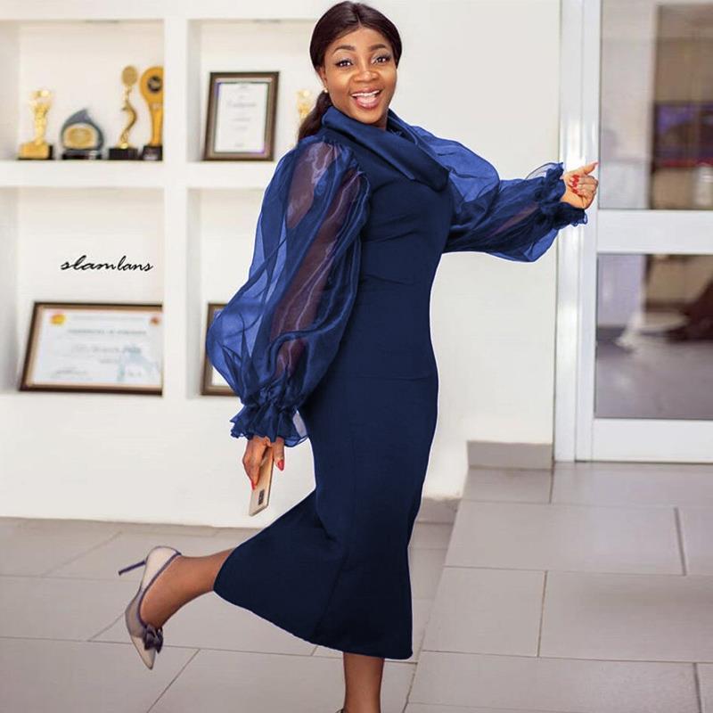 

womens dress women elegant party long navy blue see organza sleeve african fashion plus size slim bodycon dresses spring fall, Black;gray
