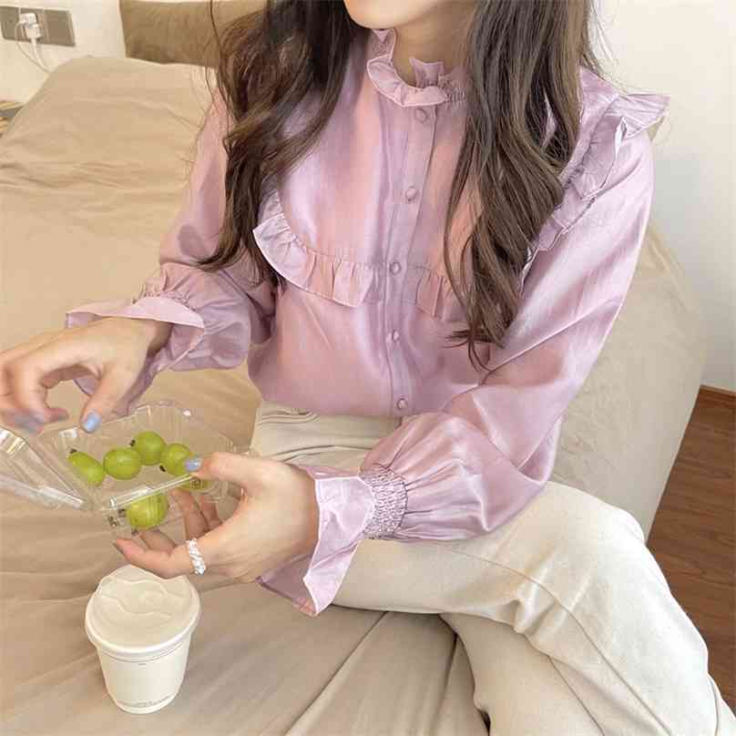 

Spring Chic Vintage Satin Ruffles Office Lady Stand Fashion Flare Sleeves Blouses All Match Streetwear 210525, White