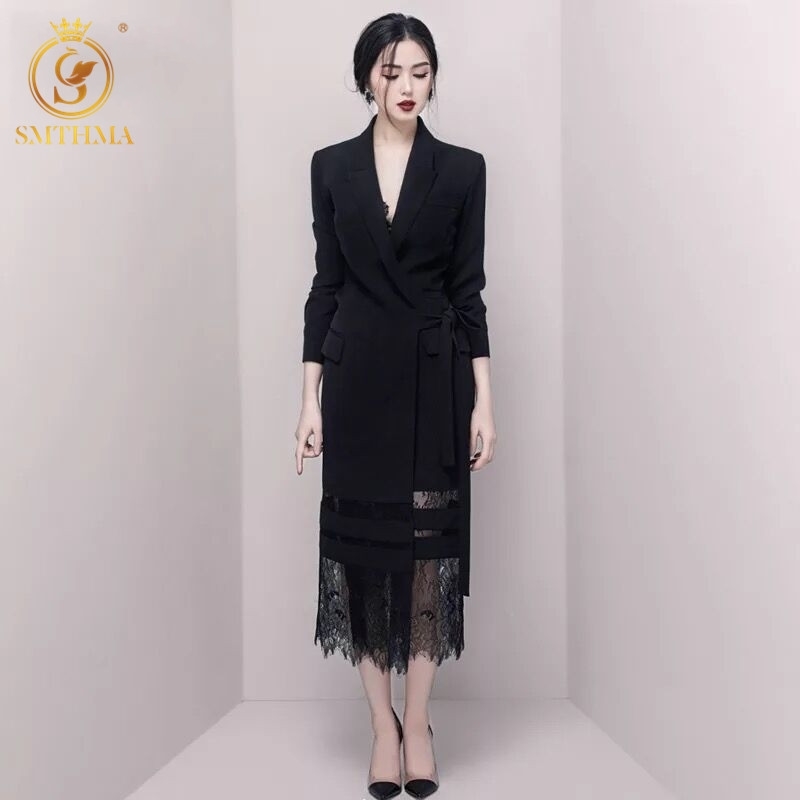 

High Quality Runway Dress Women's Blazer Long Sleeve Lace Patchwork Up Dresses Female Spring Slim Fashion Clothing 210520, Photo color