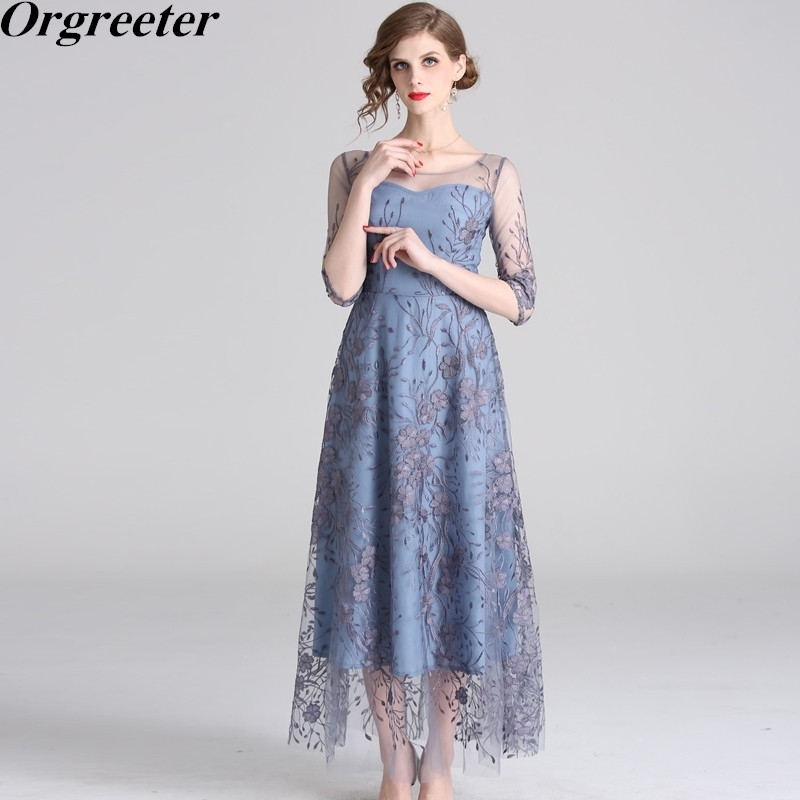 

Elegant Blue Embroidery Mesh Patchwork A-line Maxi Dress Women Summer O-neck Ankle Length Big Swing Long Party 210525