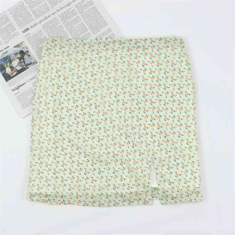 

Summer she in Chic women' skirt casual green flower print High Waist Split Sexy mini jupe 210520