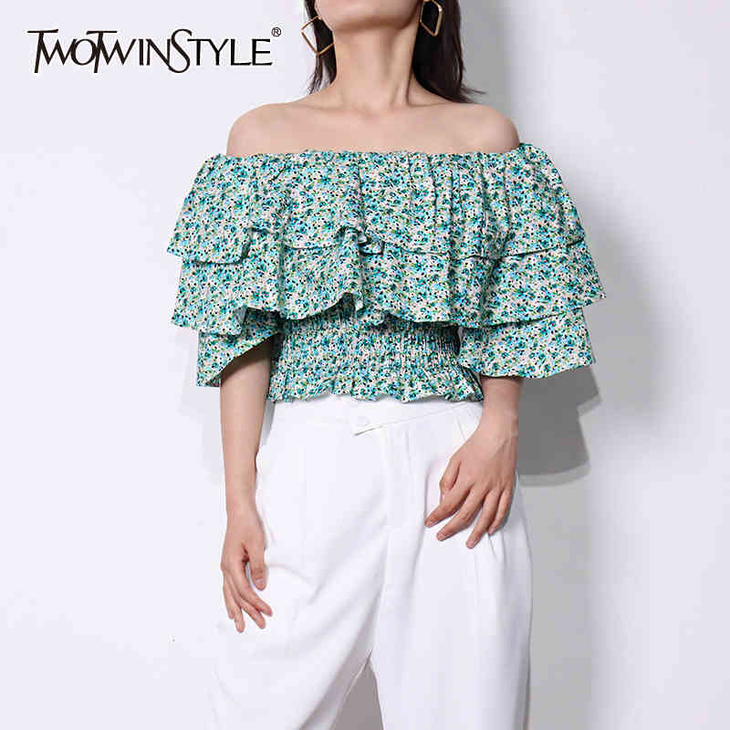 

Elegant Print Shirts For Women Slash Neck Puff Short Sleeve Slim Blouses Female Summer Fashion Stylish 210524, Red