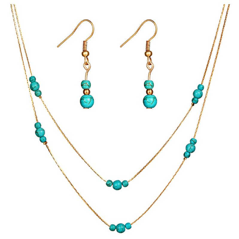 

women's Multi-layer round beads Tibetan silver turquoise earrings necklace set GSTQS022 fashion gift national style women DIY jewelry sets, As show