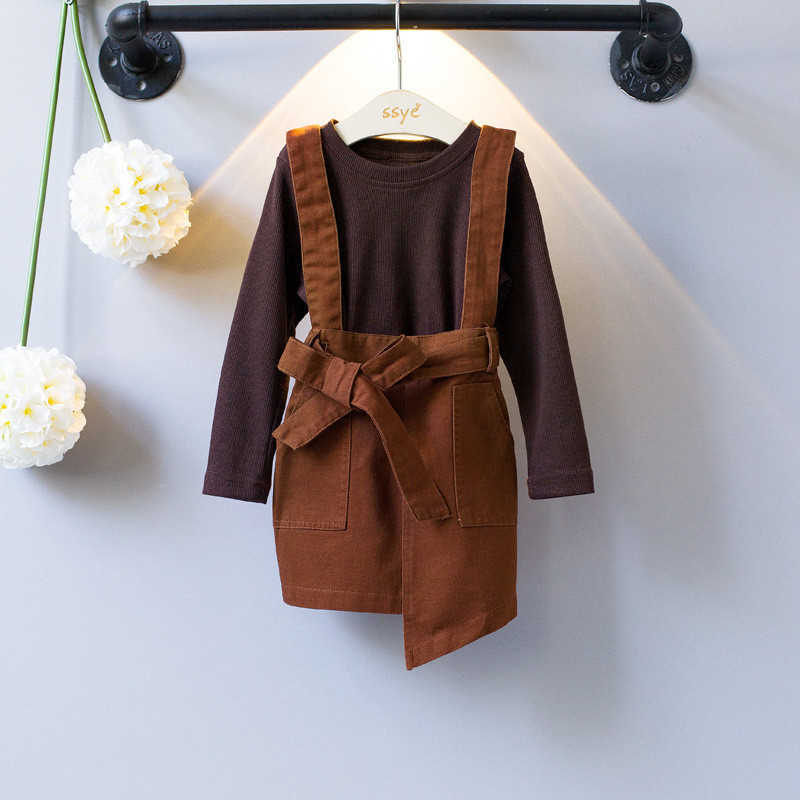 

High quality girls clothing fashion solid bow full sleeves kid suit children girl clothes T-shirt+rompers set 210615, Brown