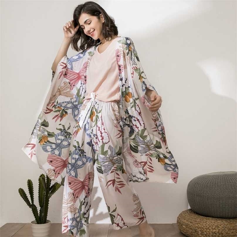 

Women Pajamas Sets Autumn Butterfly Floral Printed Elegant 4 Piece Pyjamas Set Viscose Female Night Suits 211106, As pic
