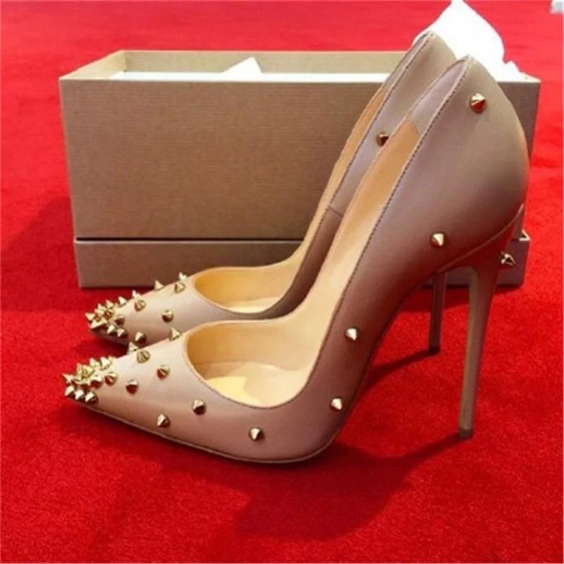 

Elegant Beige White Black Matte Leather Rivets Shoes Stiletto Heel Gold Spikes Celebrating Pumps Women High Heels Dress Sandals