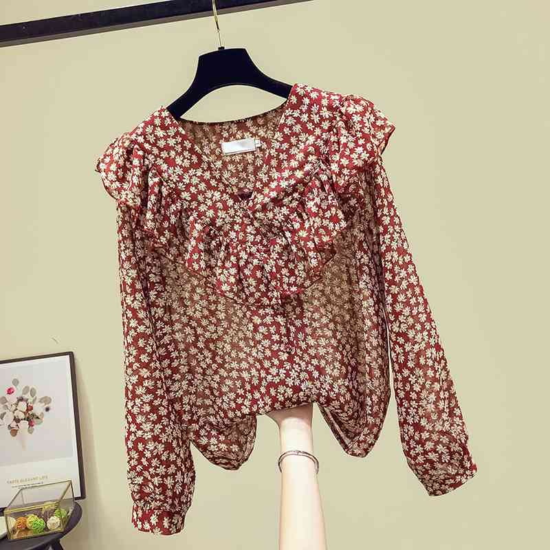 

Luxury Design Autumn Fashion Women's V Neck Ruffles Long Sleeves Floral Shirt Tops Ladies Blouses Shirts A3800 210428, Beige