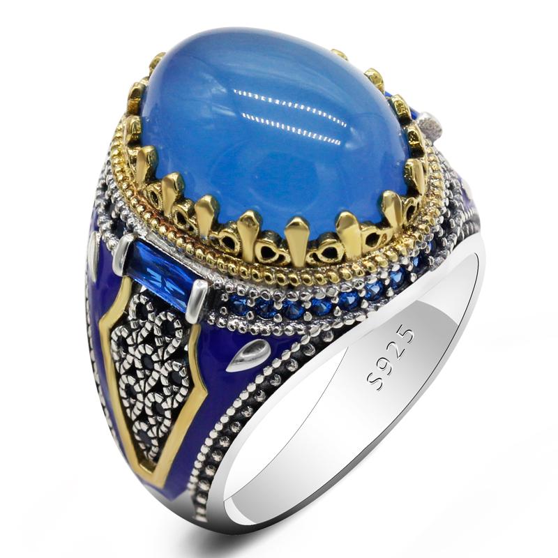 

Solid 925 Sterling Silver Ring For Men Women Natural Agate&Zircon Stone Power Auspicious Luxury Wedding Turkish Gift Cluster Rings