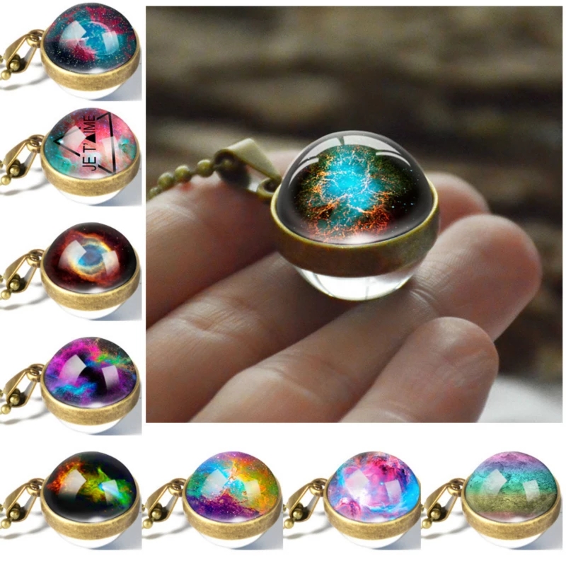 

Alloy Collar Planetary Necklaces Suitable Both Men Women Fashion Star Galaxy Necklace Double Sided Glass Ball Pendant