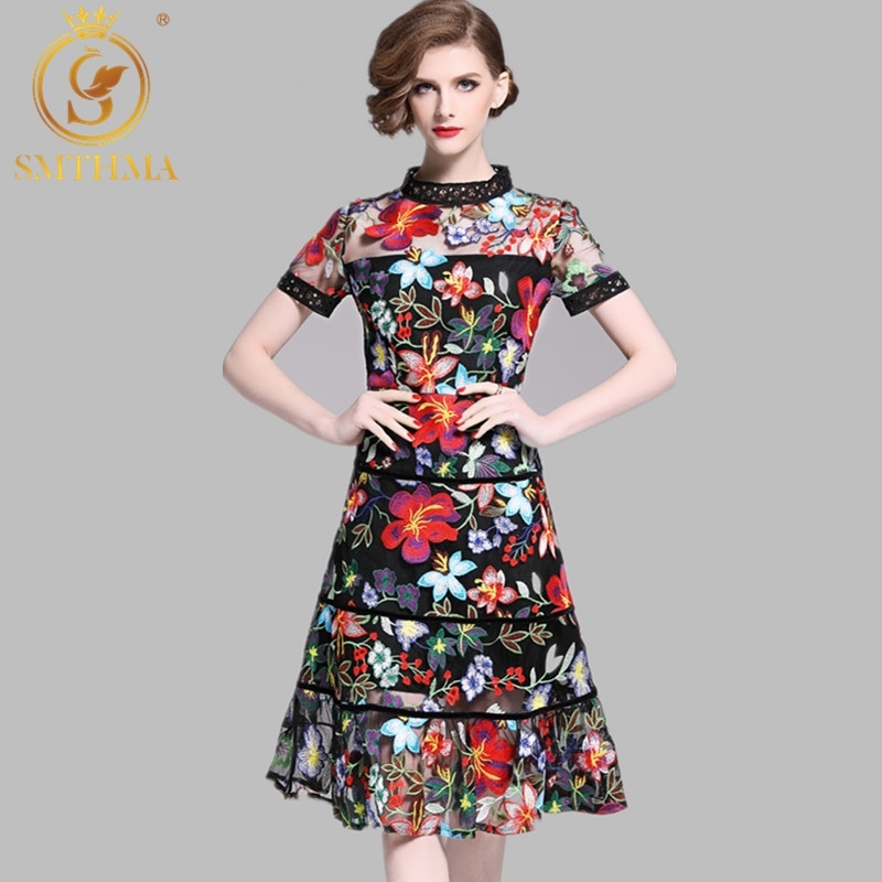 

Arrival Bohemian Flower Embroidered Short Sleeve Party Dresses Vintage Mesh Summer For Women Vestido 210520, Photo color