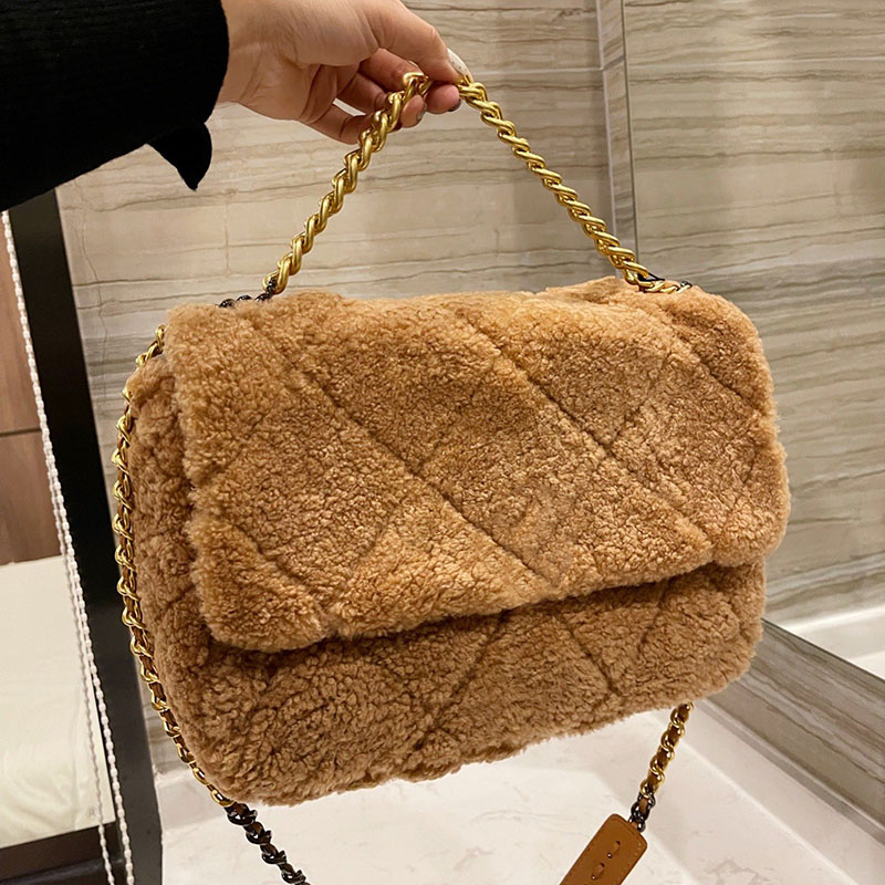 

Shearling Fur Lambswool 19 Series Jumbo Bags Quilted Women Lambs Wool Shoulder Gold Hardware Cross Body Large Capacity Famous Luxury Designer Handbags 30C, Black