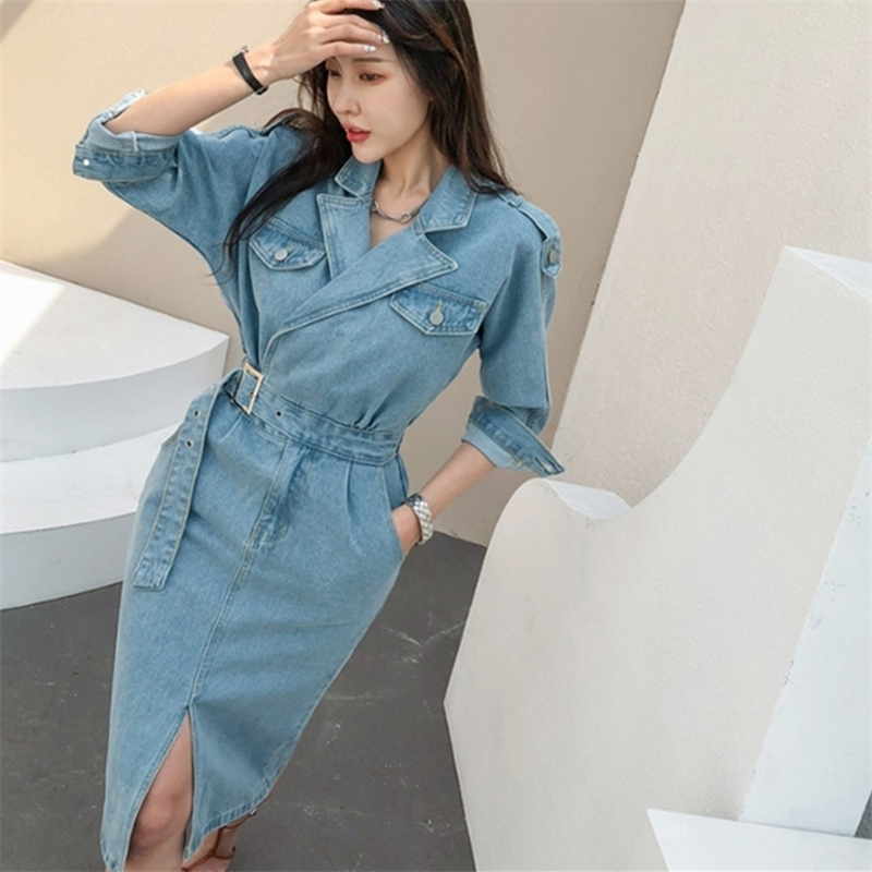 

Women Denim Dress Autumn Casual Vintage High Elastic Waist Sexy Split Streetwear Long Vestidos 210520, Photo color