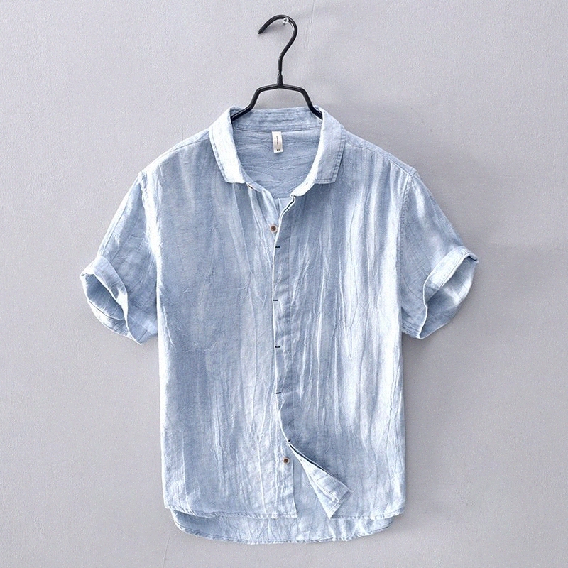 

Men Short Sleeve Single Breasted Turn Down Collar High Quality Linen Shirts Japan Slim Fit Casual Minimalist Business Style Tops a2H7#, Grey