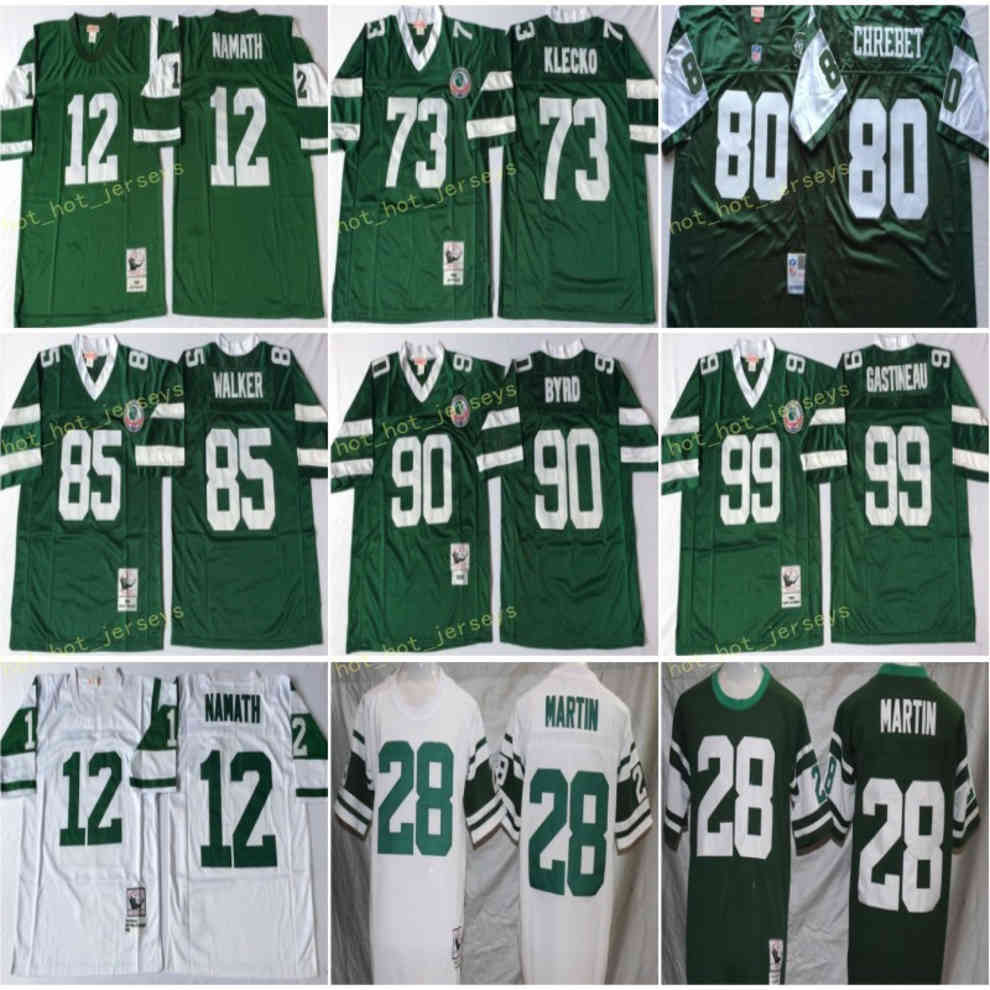 

Vintage New Yolks 12 Jot Joe Namath 73 Klecko 90 Dennis Byrd 99 Mark Gastineau 85 Wesley Walker Curtis Martin 80 Chrebet Football Jersey, Black;red