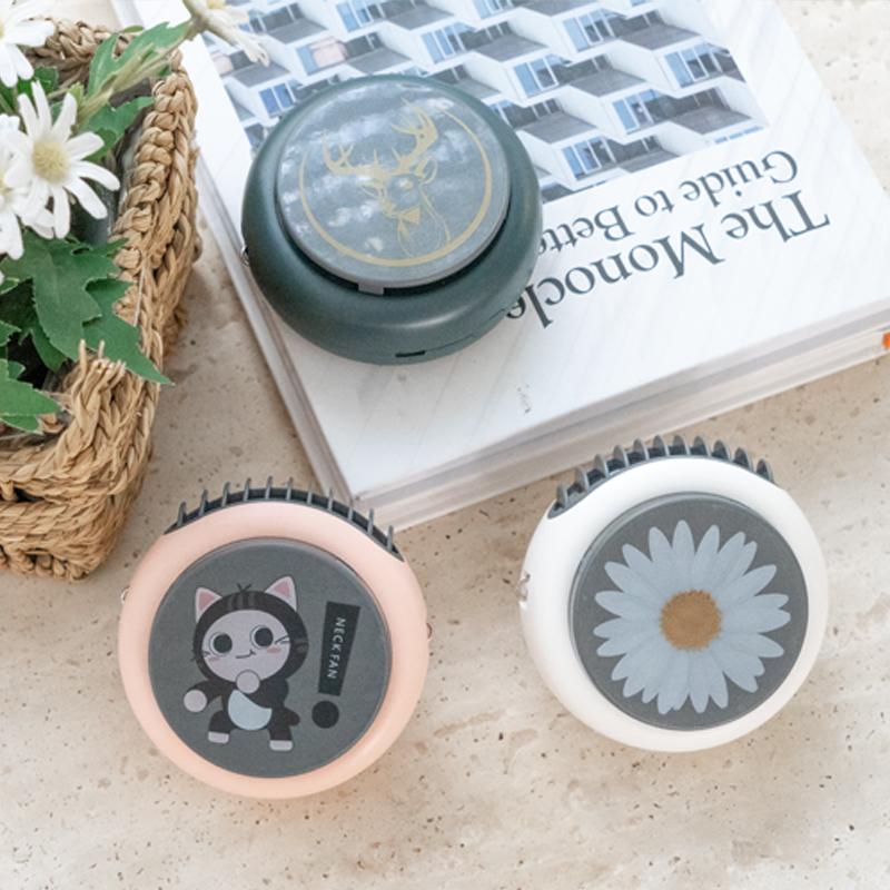 

Silent Mini Cute Portable Round Neck Fan For Outdoor Travel Room Air Cooler With Usb Rechargeable Daisies Cats Deers Electric Fans