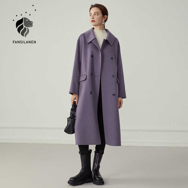 

FANSILANEN Long elegant 100% wool coat Women belt white blend winter Female oversized vintage purpel jacket over ladies 210607