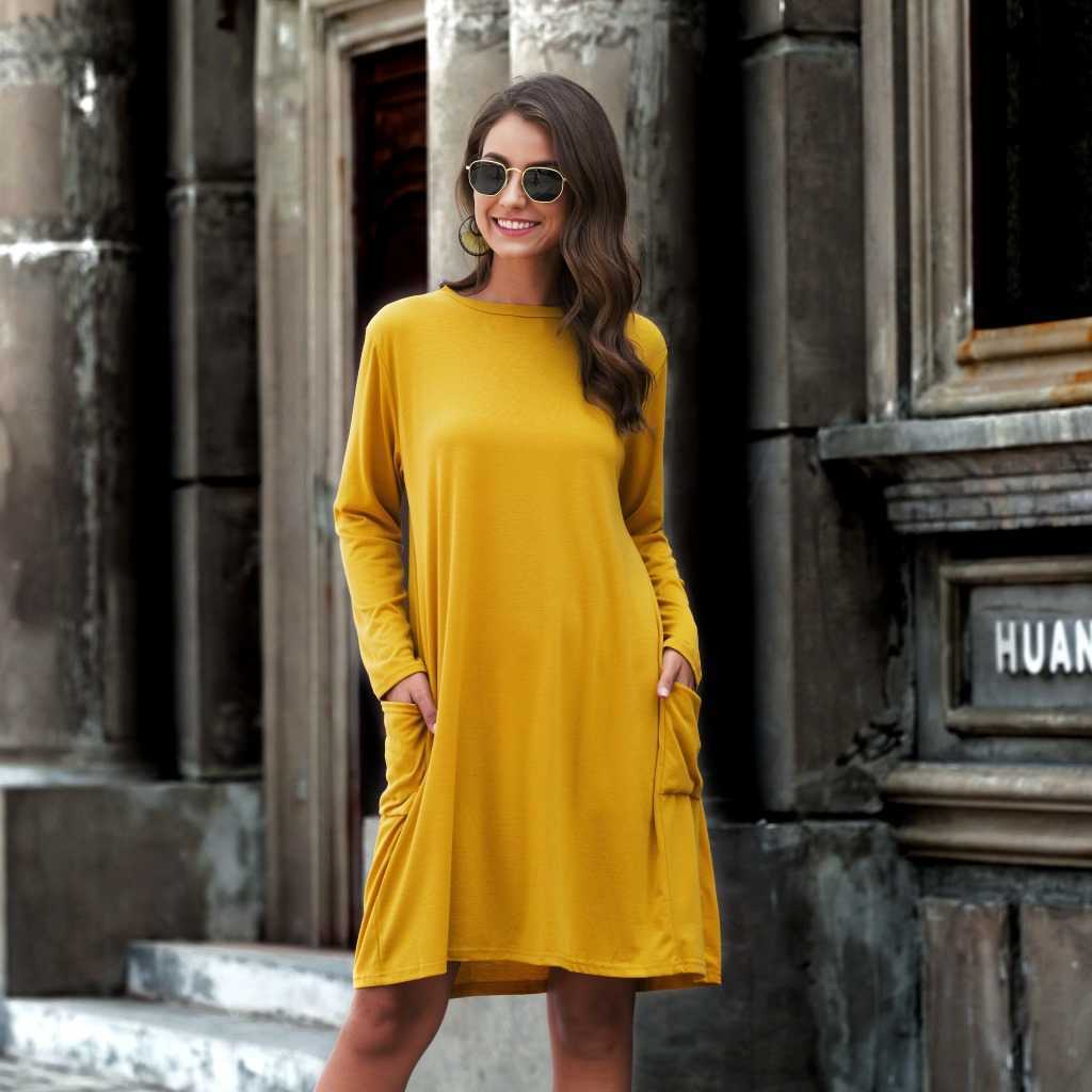 

Casual Loose Spring Autumn Women Dress O-Neck Long Sleeve Female Pockets Dresses W9170 210526, Black