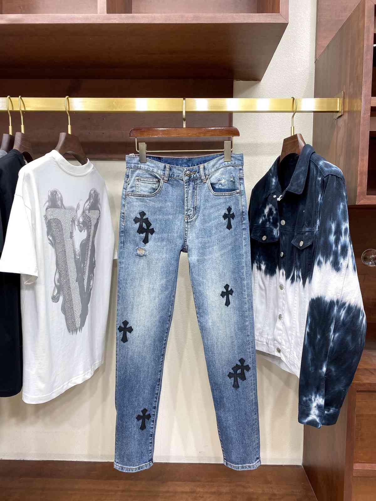 

spring and 21 new summer men's ch full width cross leather label slim straight tube fashion hole versatile jeans pants, Blue