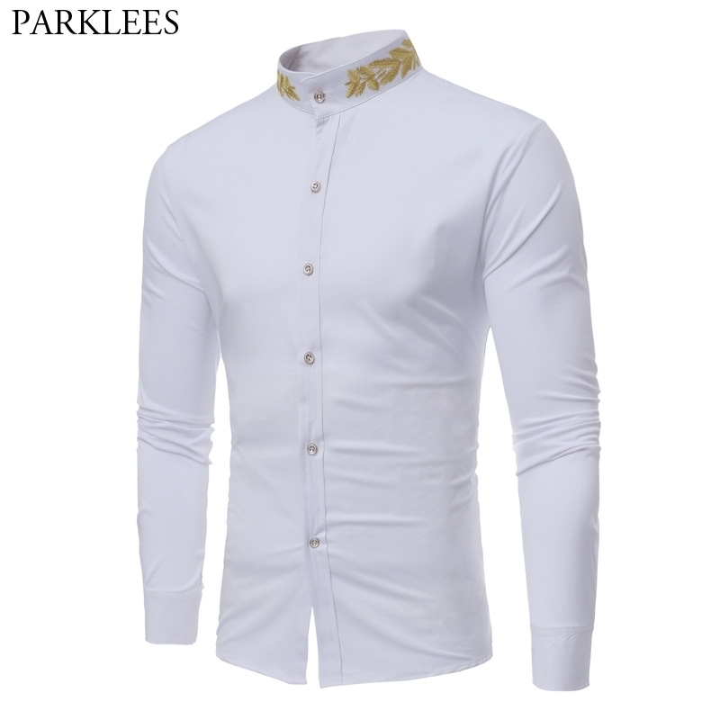 

Gold Embroidery White Dress Shirt Men Brand Mandarin Collar Slim Fit Chemise Homme Casual Long Sleeve Male Social Shirt 210522, Black