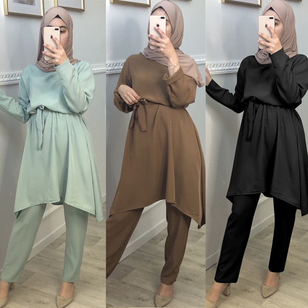 

Ethnic Clothing Turkish 2 Piece Set Women Muslim Sets Hijab Dress Pants Suit Outfit Top and Trouser Abaya Islamic Musulman Ensembl
