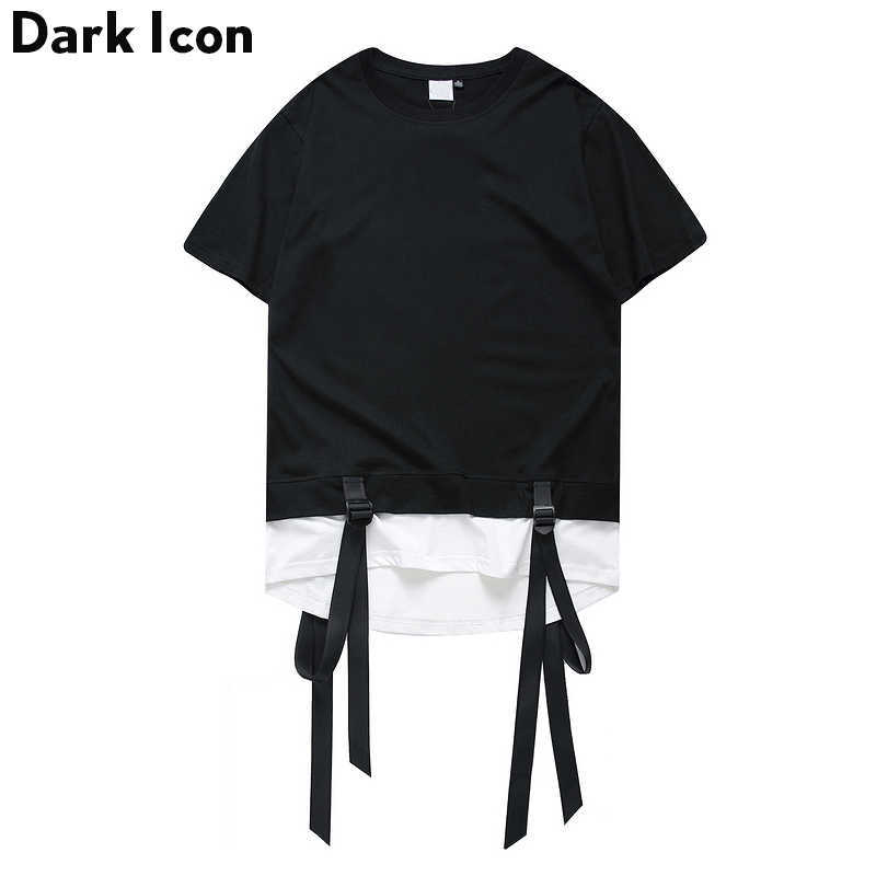 

Patchwork Ribbon T-shirt Men Summer Curved Hem Men's T Shirt 210603, White tshirt
